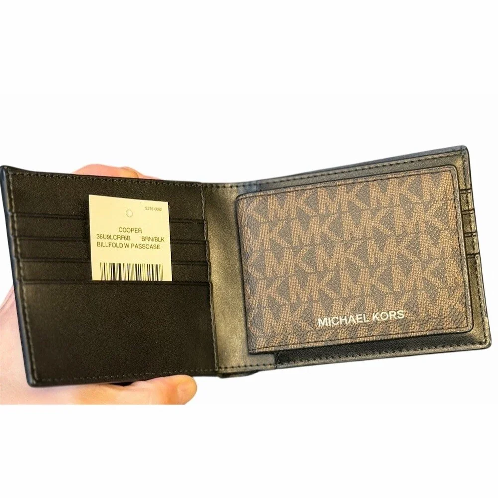 Michael Kors Cooper Men's Bifold Wallet Brown Logo w/ Removable Passcase